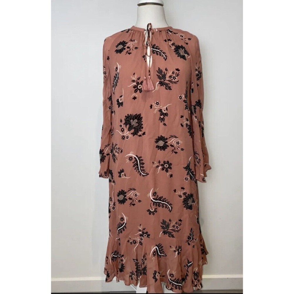 Country Road Midi Black Pink Floral Dress Sheer Lined Bell Sleeve Flare